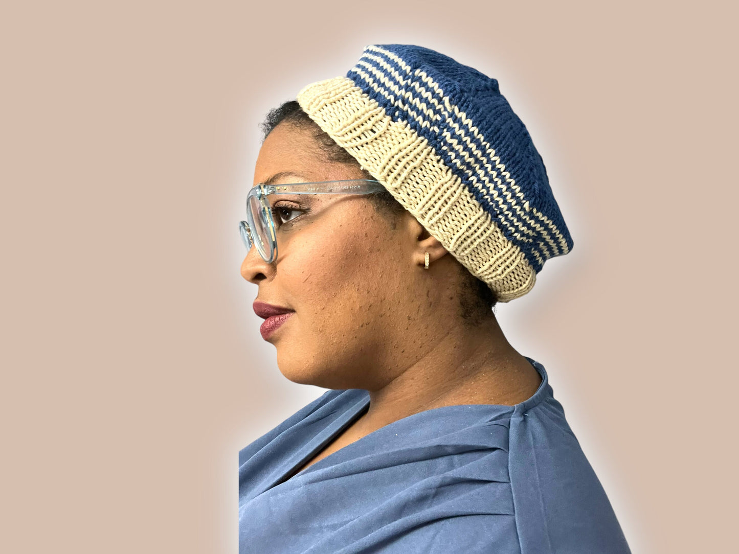Blue and Cream Hand Knit Beret | Sailor Style Beanie | Chunky Knit Hat | Free Shipping
