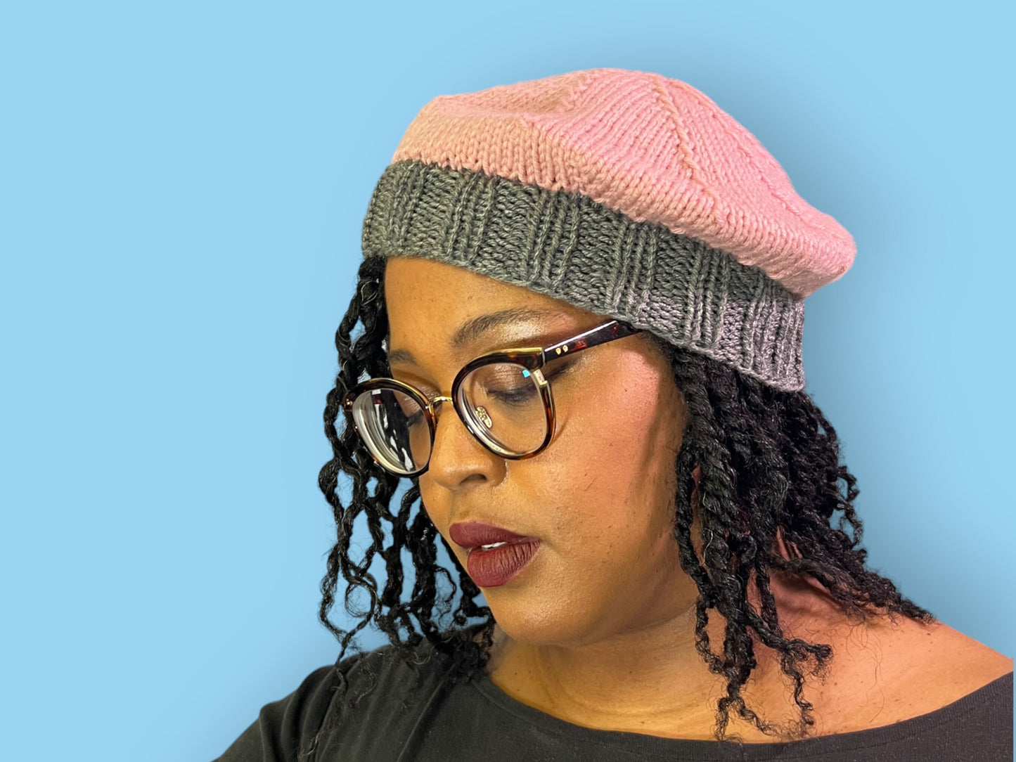 Pink and Gray Hand Knit Beret - Cozy Accessory with Free Shipping