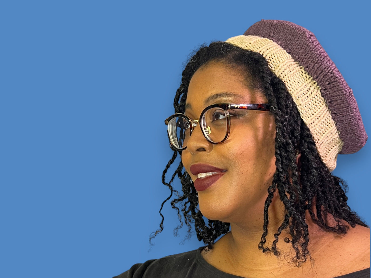 Purple and Cream Hand Knit Beret - Cozy Accessory with Free Shipping