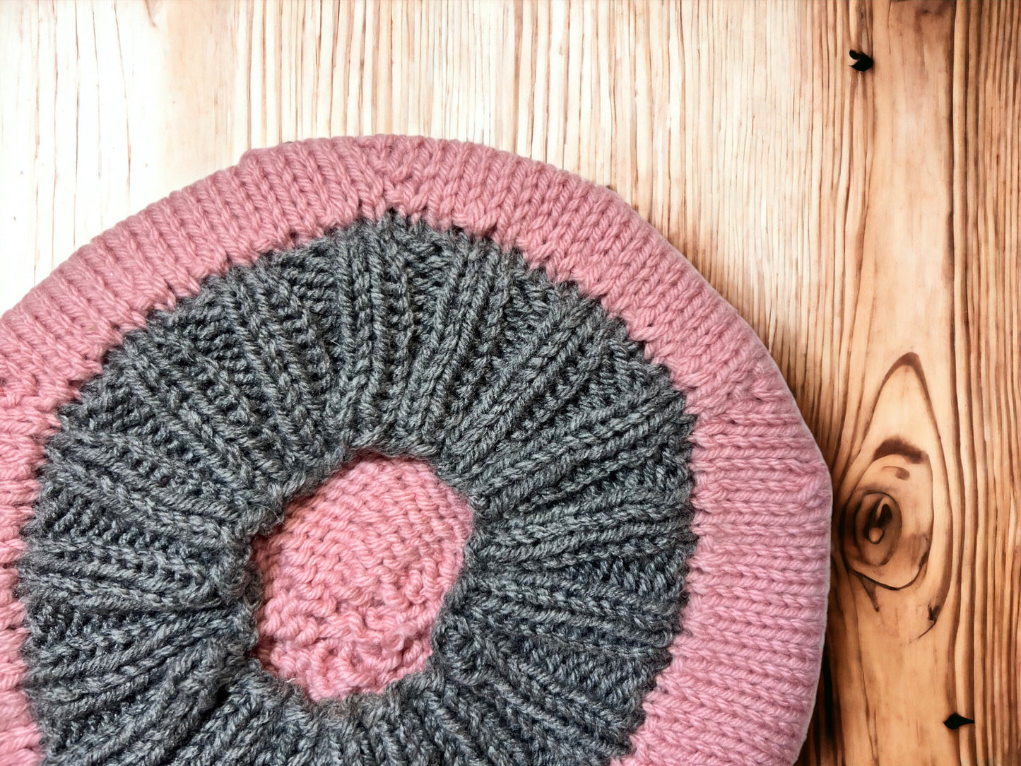 Pink and Gray Hand Knit Beret - Cozy Accessory with Free Shipping