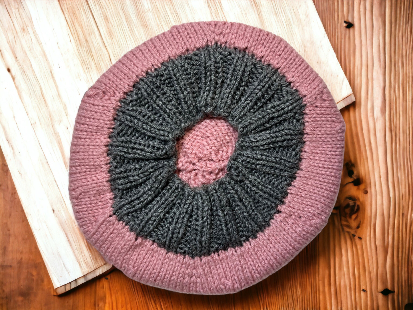 Pink and Gray Hand Knit Beret - Cozy Accessory with Free Shipping