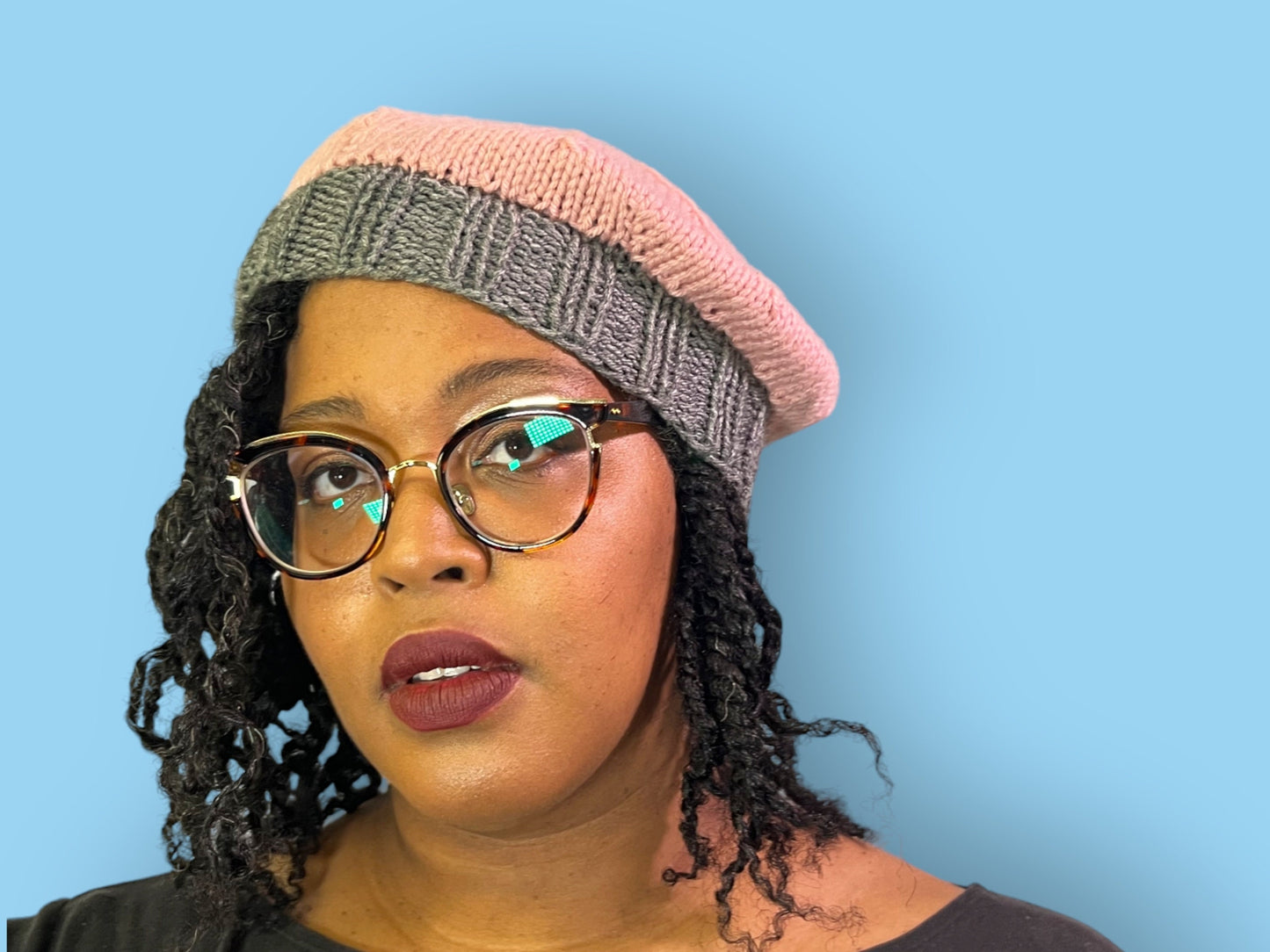 Pink and Gray Hand Knit Beret - Cozy Accessory with Free Shipping