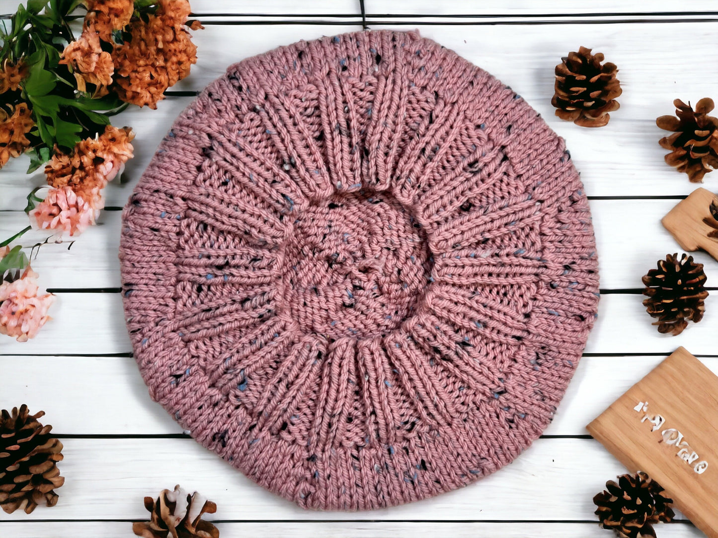 Pink Tweed Hand Knit Beret | Cozy Winter Hat | Women's Knitted Tam | Free Shipping