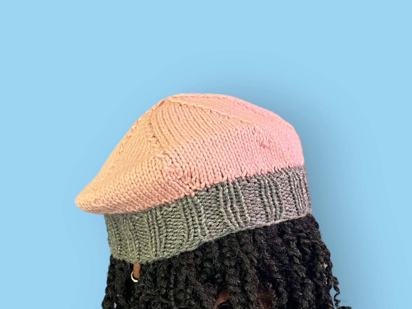 Pink and Gray Hand Knit Beret - Cozy Accessory with Free Shipping