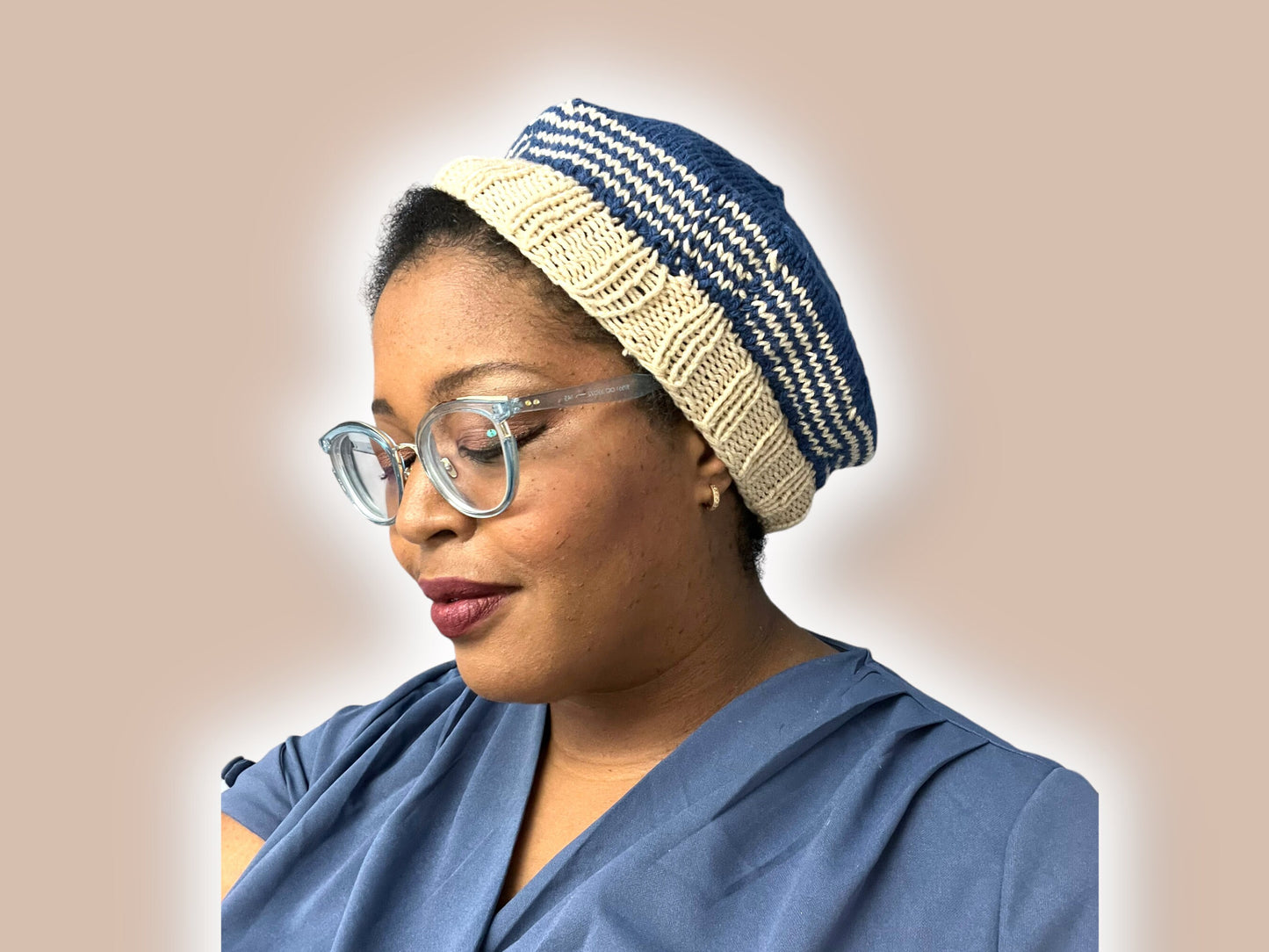 Blue and Cream Hand Knit Beret | Sailor Style Beanie | Chunky Knit Hat | Free Shipping