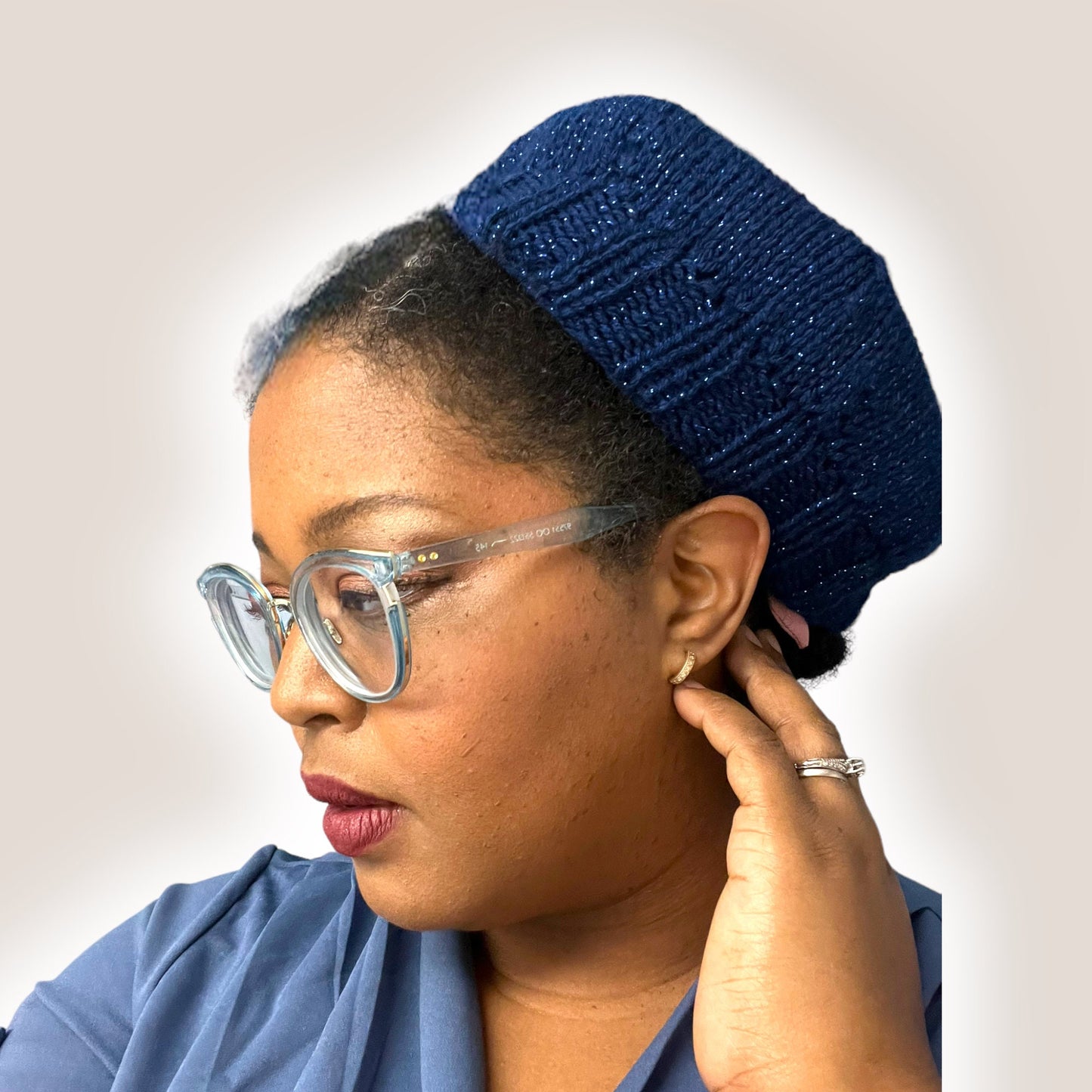 Hand Knit Beret | Sparkly Blue Beret | Blue Knitted Beret | Handmade | Free Shipping