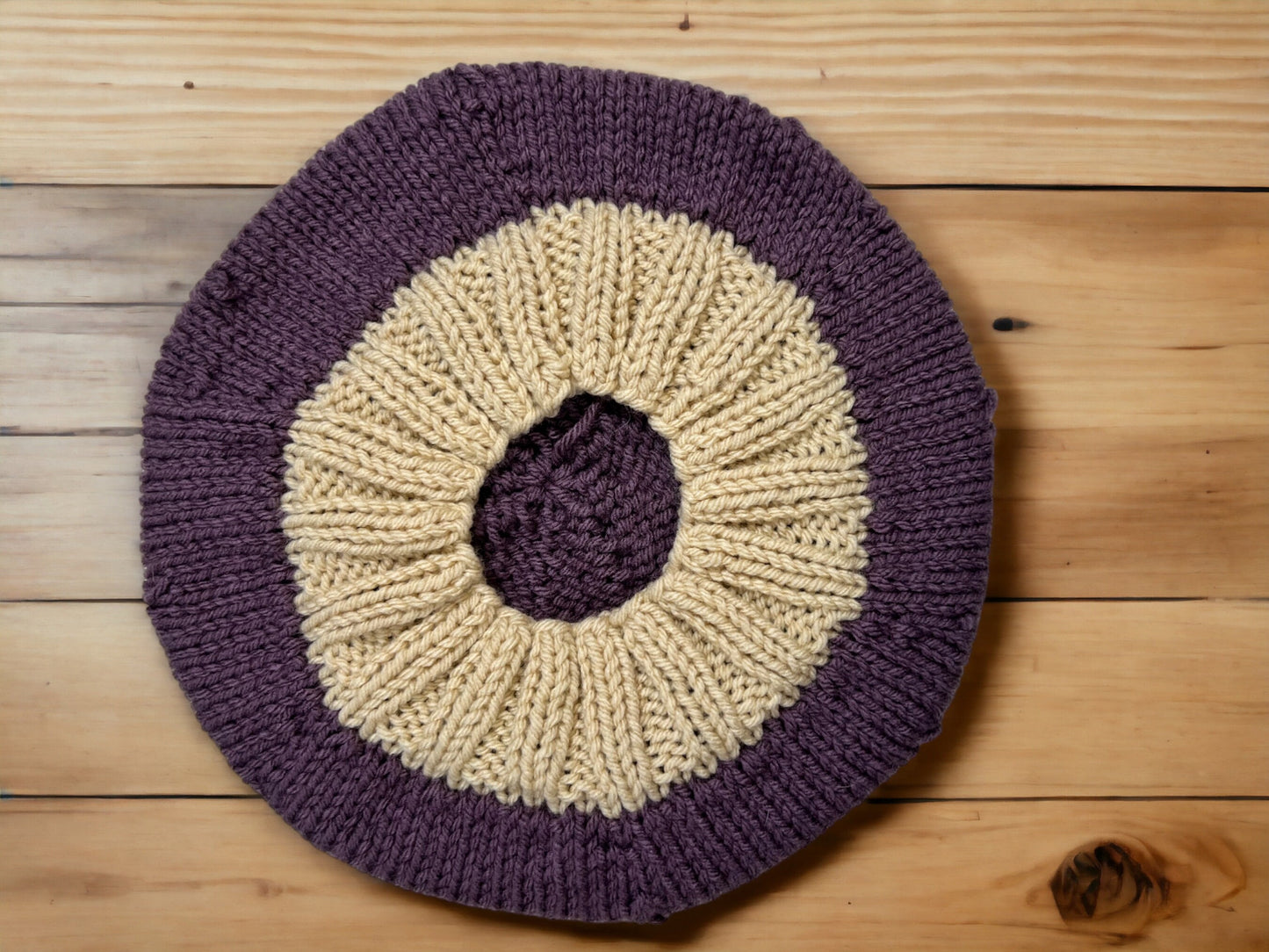 Purple and Cream Hand Knit Beret - Cozy Accessory with Free Shipping