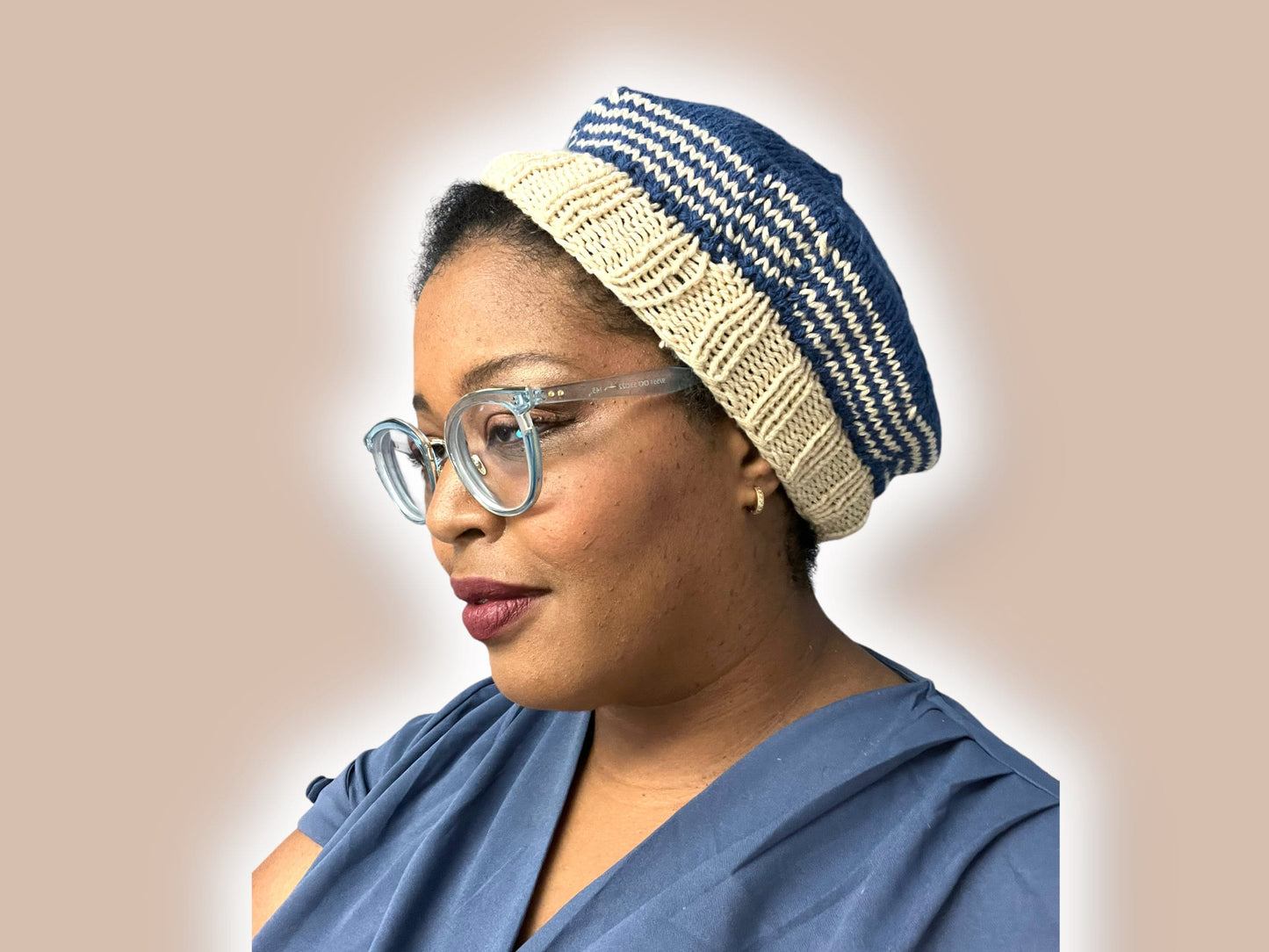 Blue and Cream Hand Knit Beret | Sailor Style Beanie | Chunky Knit Hat | Free Shipping