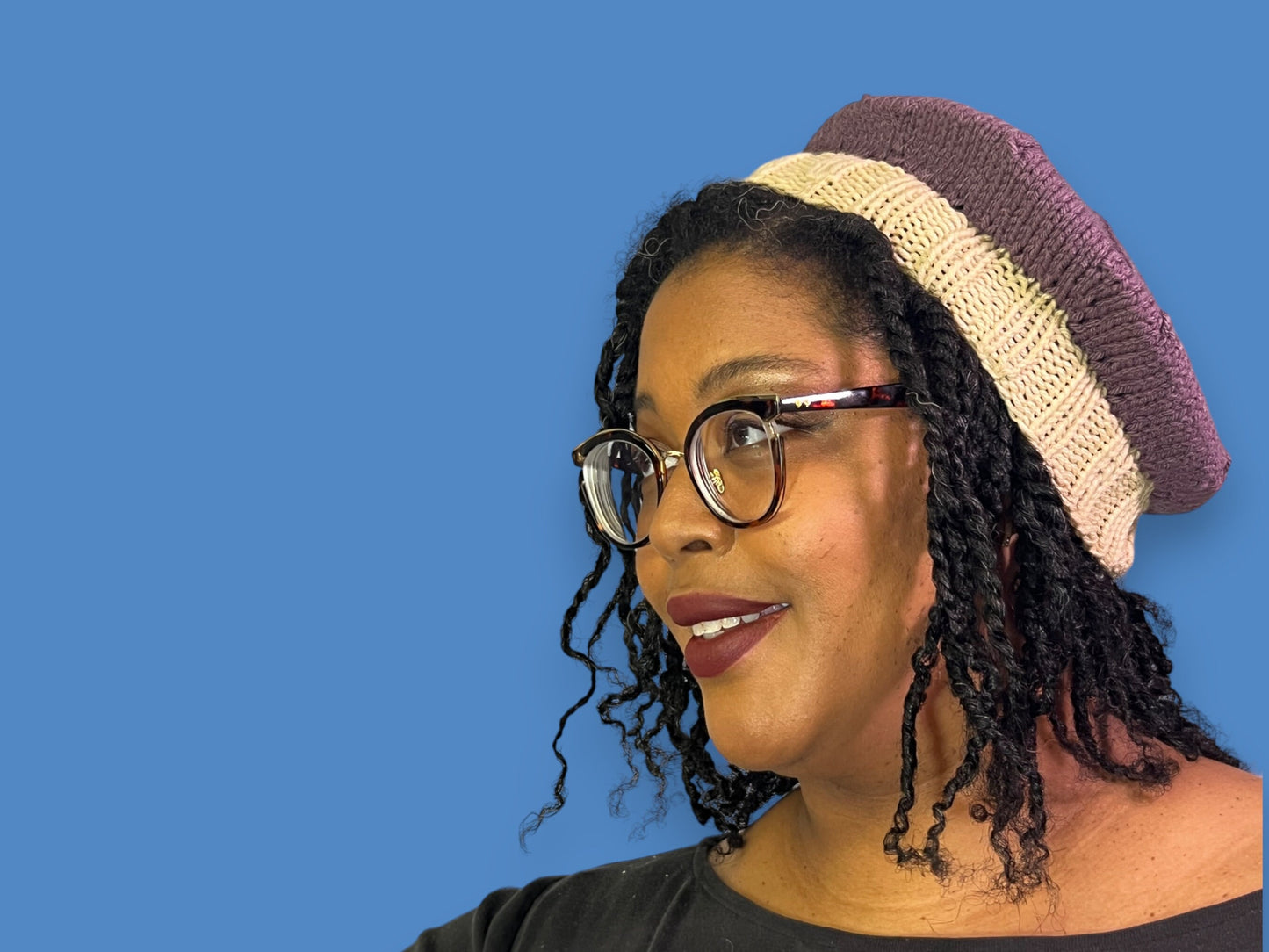Purple and Cream Hand Knit Beret - Cozy Accessory with Free Shipping