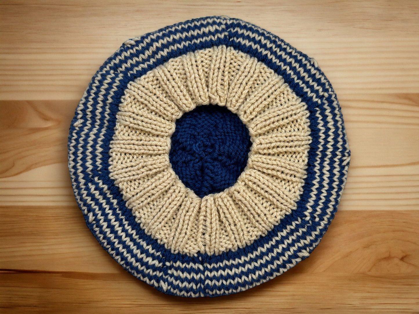 Blue and Cream Hand Knit Beret | Sailor Style Beanie | Chunky Knit Hat | Free Shipping