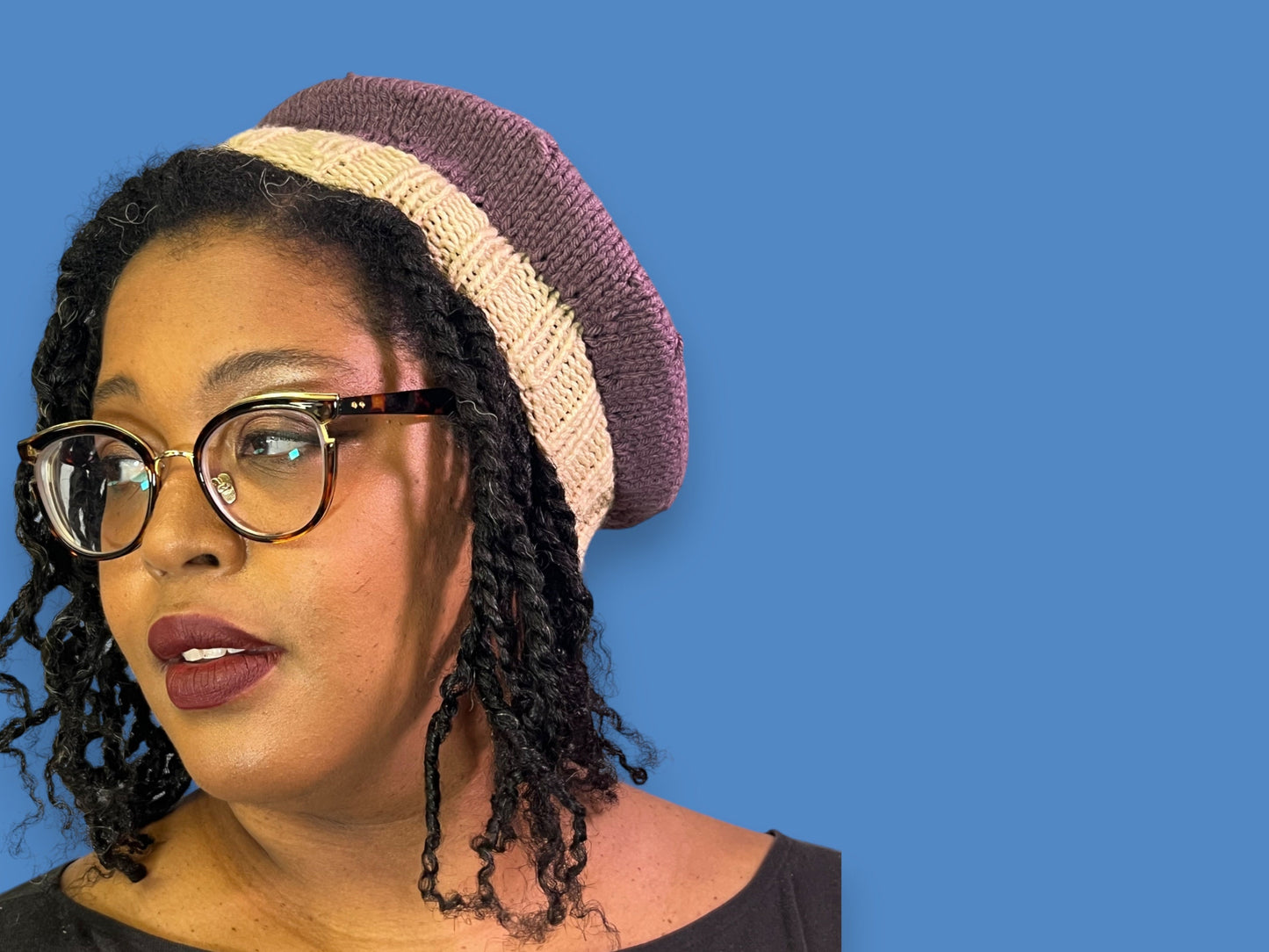 Purple and Cream Hand Knit Beret - Cozy Accessory with Free Shipping