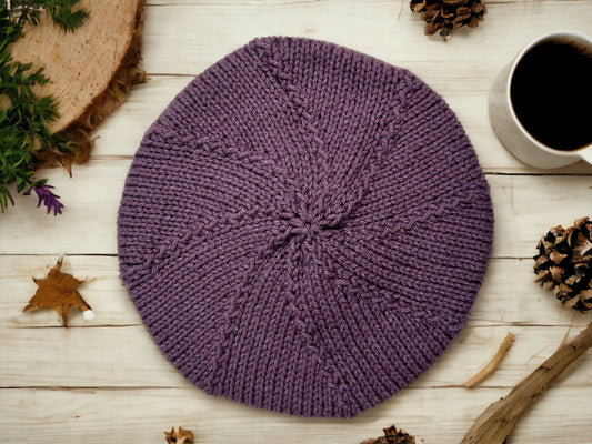 Purple and Cream Hand Knit Beret - Cozy Accessory with Free Shipping