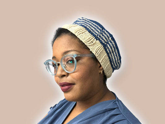 Blue and Cream Hand Knit Beret | Sailor Style Beanie | Chunky Knit Hat | Free Shipping