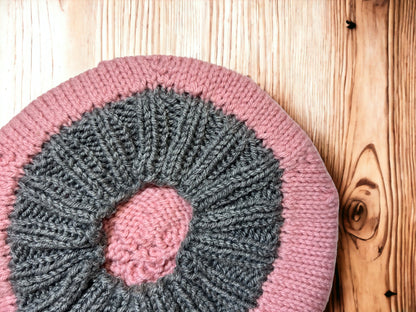 Pink and Gray Hand Knit Beret - Cozy Accessory with Free Shipping