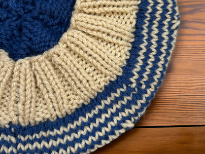 Blue and Cream Hand Knit Beret | Sailor Style Beanie | Chunky Knit Hat | Free Shipping