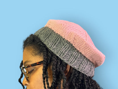 Pink and Gray Hand Knit Beret - Cozy Accessory with Free Shipping