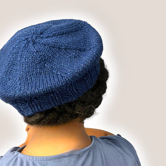 Hand Knit Beret | Sparkly Blue Beret | Blue Knitted Beret | Handmade | Free Shipping