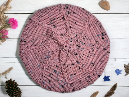 Pink Tweed Hand Knit Beret | Cozy Winter Hat | Women's Knitted Tam | Free Shipping