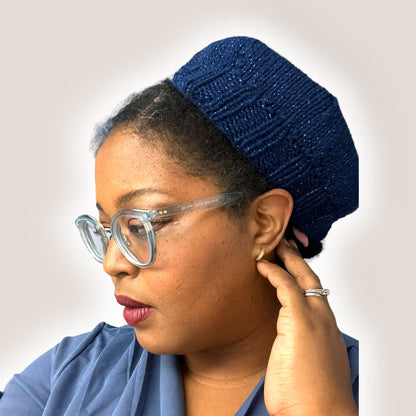 Hand Knit Beret | Sparkly Blue Beret | Blue Knitted Beret | Handmade | Free Shipping