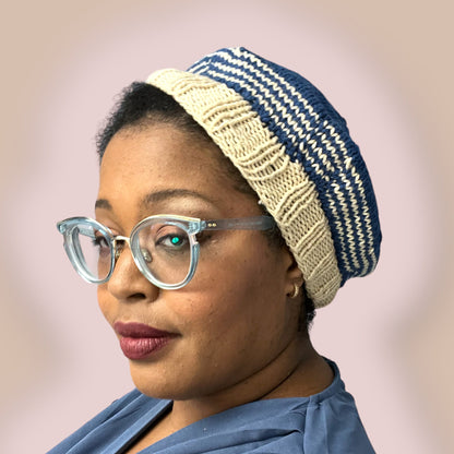 Blue and Cream Hand Knit Beret | Sailor Style Beanie | Chunky Knit Hat | Free Shipping