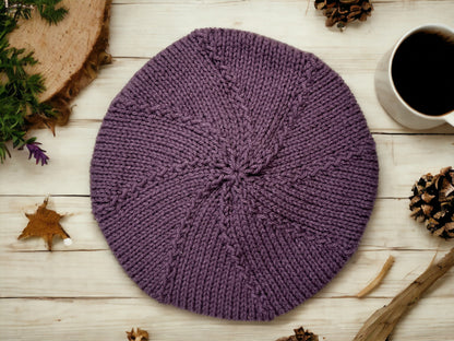 Purple and Cream Hand Knit Beret - Cozy Accessory with Free Shipping